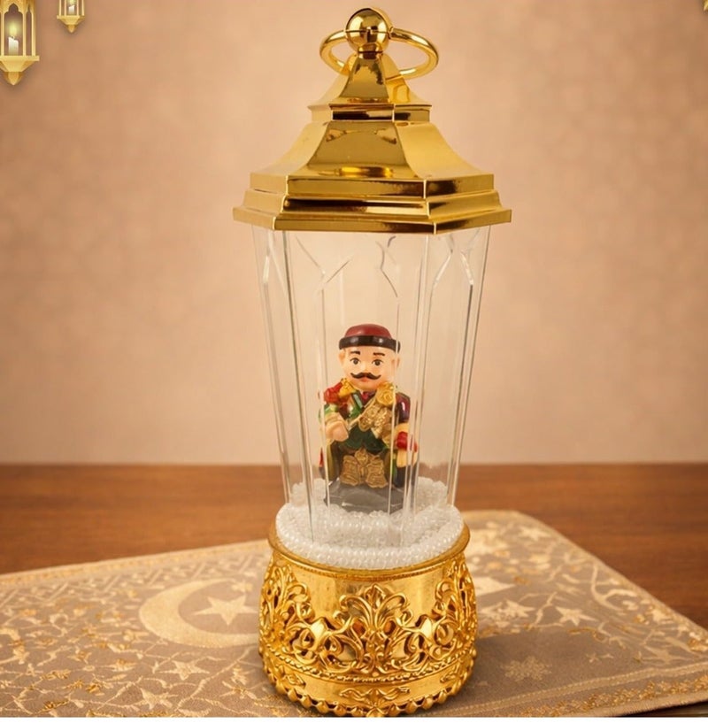 Arabic Musical Snow Globe with Figurine Light, Gold, 35cm Height, USB and Battery Powered, Home And Ramadan Decor, Eid Mubarak Design  (Red Coated Man Serving Tea) - Image 1